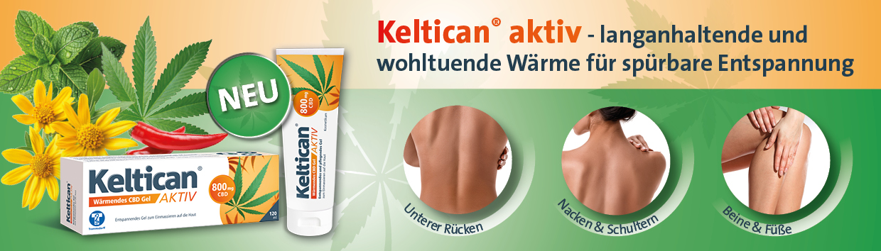 Keltican® aktiv Wärmendes CBD Gel. Tube und Schachtel. 800mg CBD. Für spürbare Entspannung.